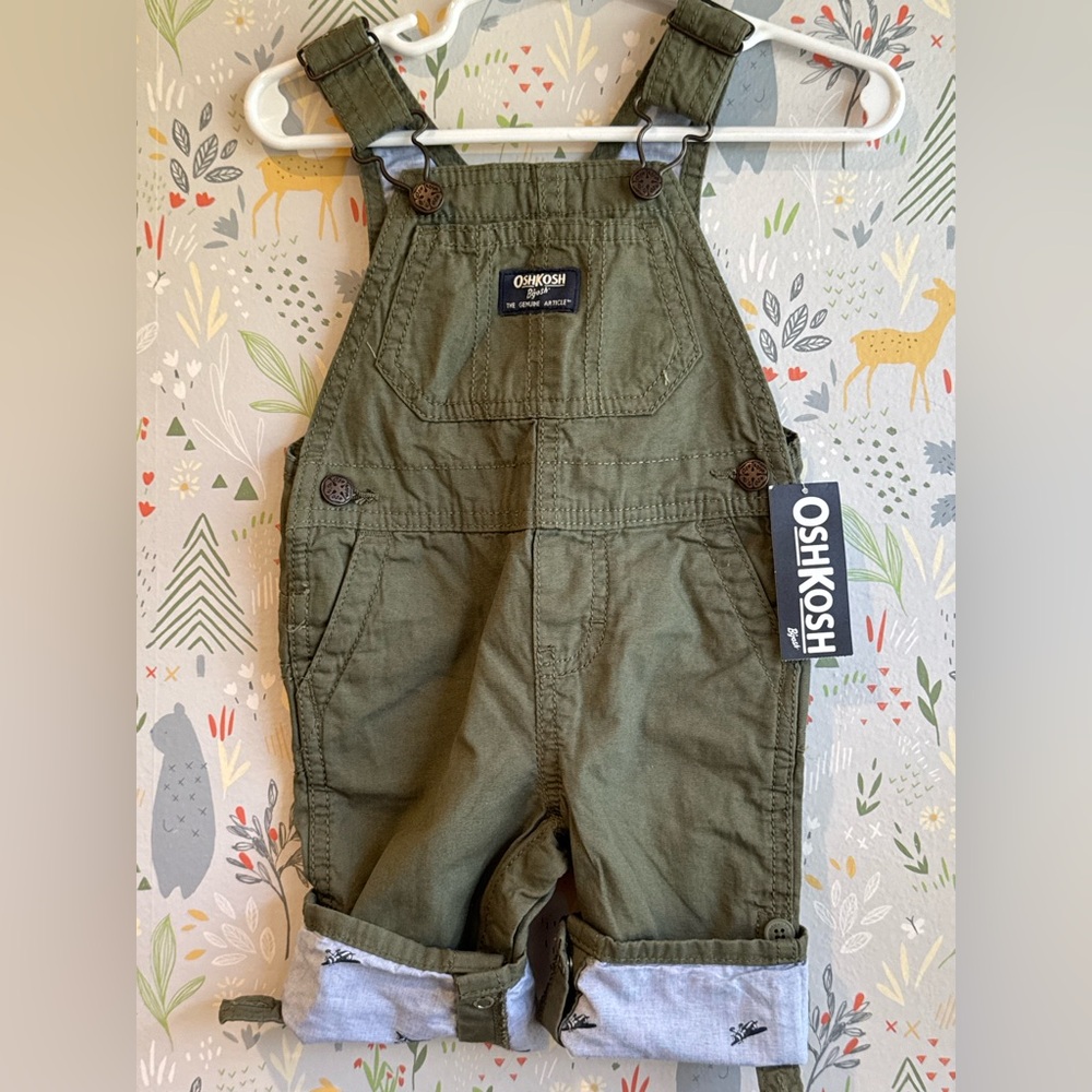 NWT Oshkosh baby B’gosh 6 Month Airplane Lined/ Cuff Army Green Vestbak Overalls